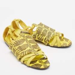 Roberto Cavalli Yellow Snakeskin and Suede Flat Sandals Size 38