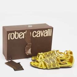 Roberto Cavalli Yellow Snakeskin and Suede Flat Sandals Size 38