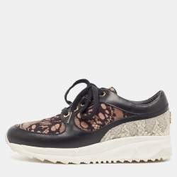 Roberto Cavalli Black Leather and Mesh Lace Up Sneakers Size 36