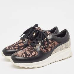 Roberto Cavalli Black Leather and Mesh Lace Up Sneakers Size 36