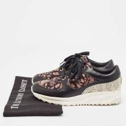 Roberto Cavalli Black Leather and Mesh Lace Up Sneakers Size 36