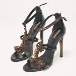 Pre Owned Roberto Cavalli Black Leather Lizard Embellished Sandals Size 38