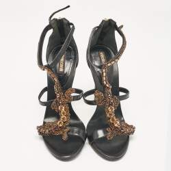 Pre Owned Roberto Cavalli Black Leather Lizard Embellished Sandals Size 38