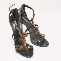 Pre Owned Roberto Cavalli Black Leather Lizard Embellished Sandals Size 38