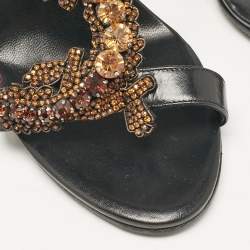 Pre Owned Roberto Cavalli Black Leather Lizard Embellished Sandals Size 38