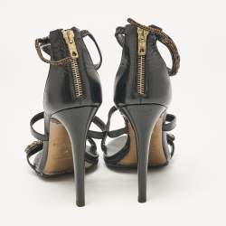 Pre Owned Roberto Cavalli Black Leather Lizard Embellished Sandals Size 38