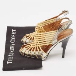 Roberto Cavalli Silver/Gold Leather Strappy Slingback Sandals Size 37.5