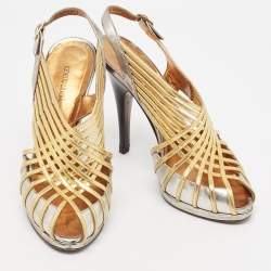 Roberto Cavalli Silver/Gold Leather Strappy Slingback Sandals Size 37.5