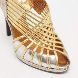Roberto Cavalli Silver/Gold Leather Strappy Slingback Sandals Size 37.5