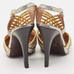 Roberto Cavalli Silver/Gold Leather Strappy Slingback Sandals Size 37.5