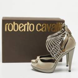 Roberto Cavalli Grey Satin Embellished Crystal Embellished Ankle Strap Sandals Size 36