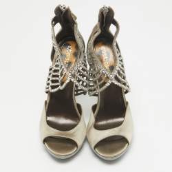 Roberto Cavalli Grey Satin Embellished Crystal Embellished Ankle Strap Sandals Size 36