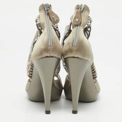 Roberto Cavalli Grey Satin Embellished Crystal Embellished Ankle Strap Sandals Size 36