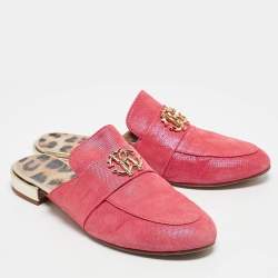 Roberto Cavalli Pink Nubuck Leather Logo Mules Size 38