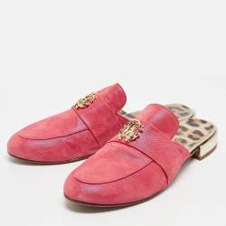 Roberto Cavalli Pink Nubuck Leather Logo Mules Size 38