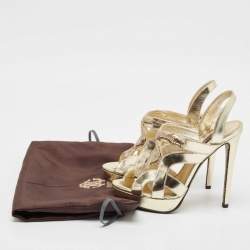 Roberto Cavalli Gold Leather Snake Logo Ankle Strap Sandals Size 36.5