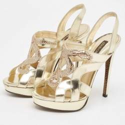 Roberto Cavalli Gold Leather Snake Logo Ankle Strap Sandals Size 36.5