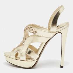 Roberto Cavalli Gold Leather Snake Logo Ankle Strap Sandals Size 36.5