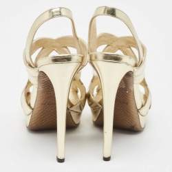 Roberto Cavalli Gold Leather Snake Logo Ankle Strap Sandals Size 36.5