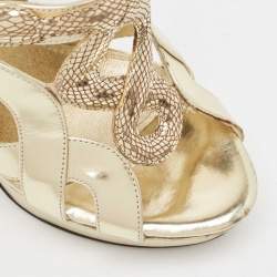 Roberto Cavalli Gold Leather Snake Logo Ankle Strap Sandals Size 36.5