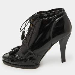 Roberto Cavalli Black Patent Leather Fringe Ankle Length Boots Size 39