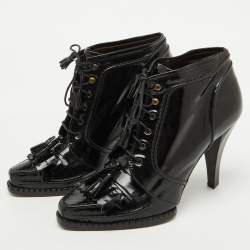 Roberto Cavalli Black Patent Leather Fringe Ankle Length Boots Size 39