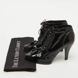 Roberto Cavalli Black Patent Leather Fringe Ankle Length Boots Size 39