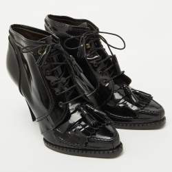 Roberto Cavalli Black Patent Leather Fringe Ankle Length Boots Size 39