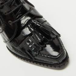 Roberto Cavalli Black Patent Leather Fringe Ankle Length Boots Size 39