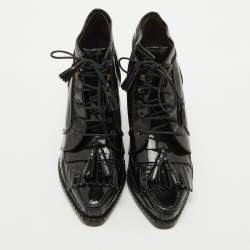 Roberto Cavalli Black Patent Leather Fringe Ankle Length Boots Size 39
