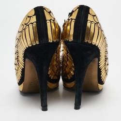 Roberto Cavalli Gold/Black Suede Leather Fish Scale Peep Toe Platform Pumps Size 40