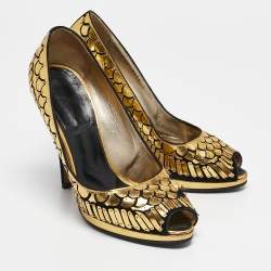 Roberto Cavalli Gold/Black Suede Leather Fish Scale Peep Toe Platform Pumps Size 40