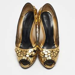 Roberto Cavalli Gold/Black Suede Leather Fish Scale Peep Toe Platform Pumps Size 40