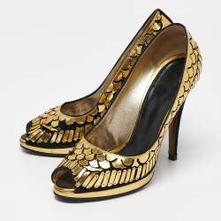 Roberto Cavalli Gold/Black Suede Leather Fish Scale Peep Toe Platform Pumps Size 40