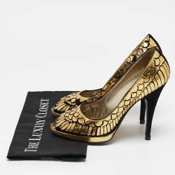Roberto Cavalli Gold/Black Suede Leather Fish Scale Peep Toe Platform Pumps Size 40