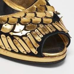 Roberto Cavalli Gold/Black Suede Leather Fish Scale Peep Toe Platform Pumps Size 40