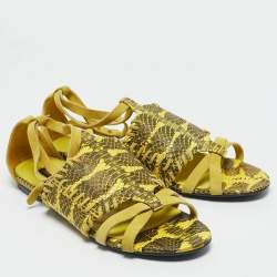 Roberto Cavalli Yellow/Black Suede and Snakeskin Ankle Strap Flat Sandals Size 38