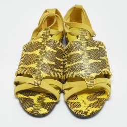 Roberto Cavalli Yellow/Black Suede and Snakeskin Ankle Strap Flat Sandals Size 38