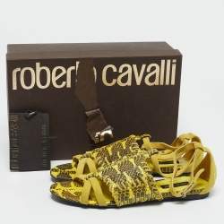 Roberto Cavalli Yellow/Black Suede and Snakeskin Ankle Strap Flat Sandals Size 38