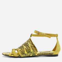 Roberto Cavalli Yellow/Black Suede and Snakeskin Ankle Strap Flat Sandals Size 38