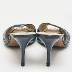 Roberto Cavalli Blue/Black Croc Embossed and Vintage Leather Slide Sandals Size 38