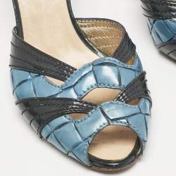Roberto Cavalli Blue/Black Croc Embossed and Vintage Leather Slide Sandals Size 38