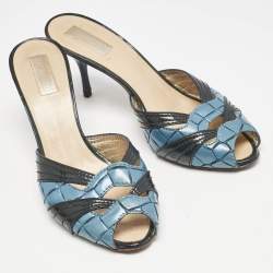 Roberto Cavalli Blue/Black Croc Embossed and Vintage Leather Slide Sandals Size 38