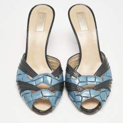 Roberto Cavalli Blue/Black Croc Embossed and Vintage Leather Slide Sandals Size 38