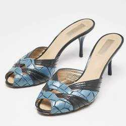 Roberto Cavalli Blue/Black Croc Embossed and Vintage Leather Slide Sandals Size 38