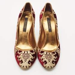 Roberto Cavalli Burgundy/Gold Leather and Velvet Round Toe Pumps Size 38.5