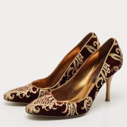 Roberto Cavalli Burgundy/Gold Leather and Velvet Round Toe Pumps Size 38.5