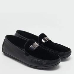 Roberto Cavalli Black Leather and Velvet Slip On Loafers Size 41.5