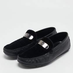Roberto Cavalli Black Leather and Velvet Slip On Loafers Size 41.5