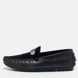 Roberto Cavalli Black Leather and Velvet Slip On Loafers Size 41.5